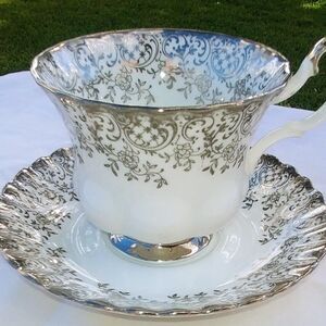 Royal Albert Bone China Cup & Saucer –Silver Overlay – Made in England